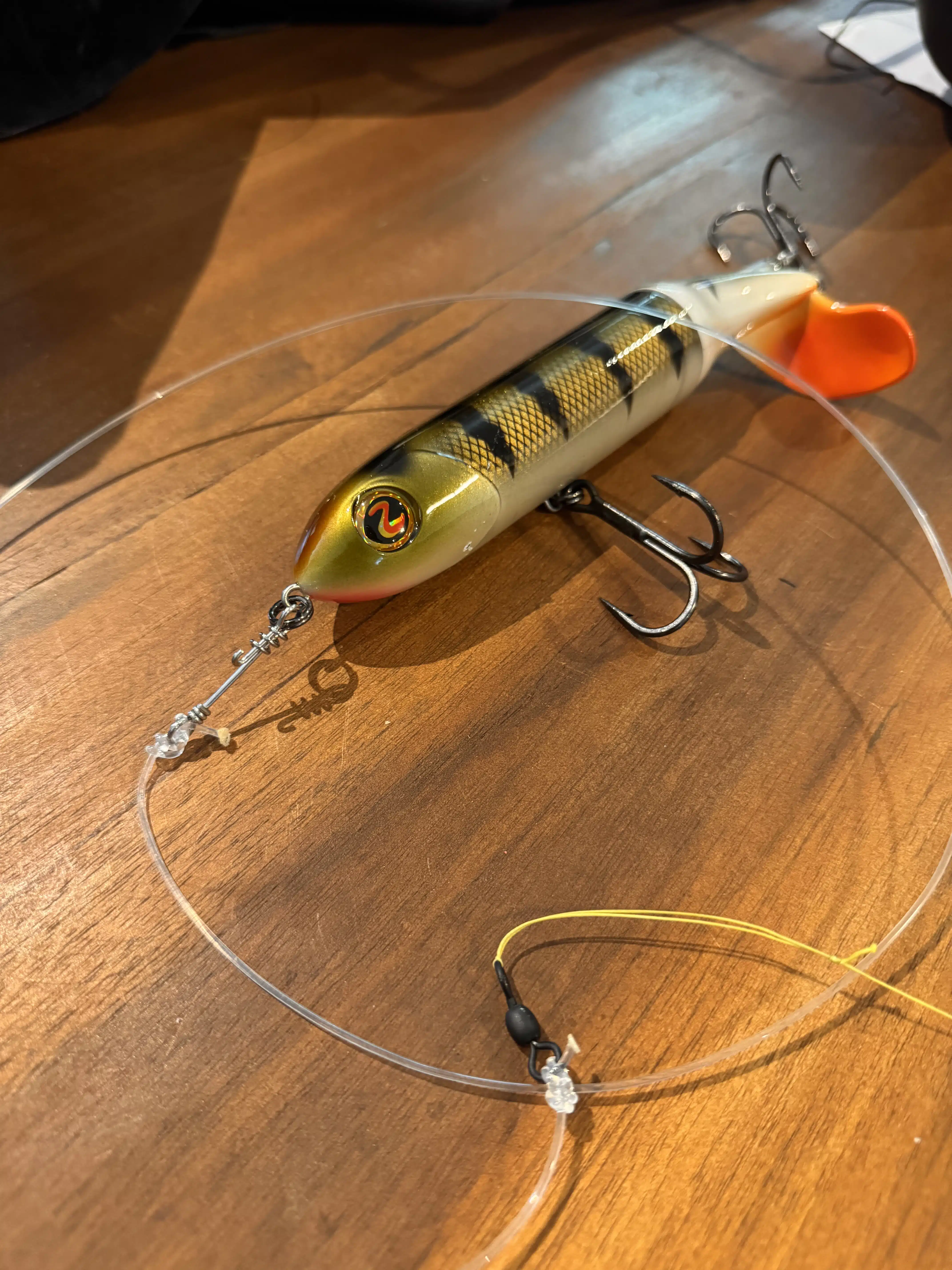 Voorbeeld Whopper Plopper 190 montage aan hoofdlijn met mono, tiwstlock snap en wartel
