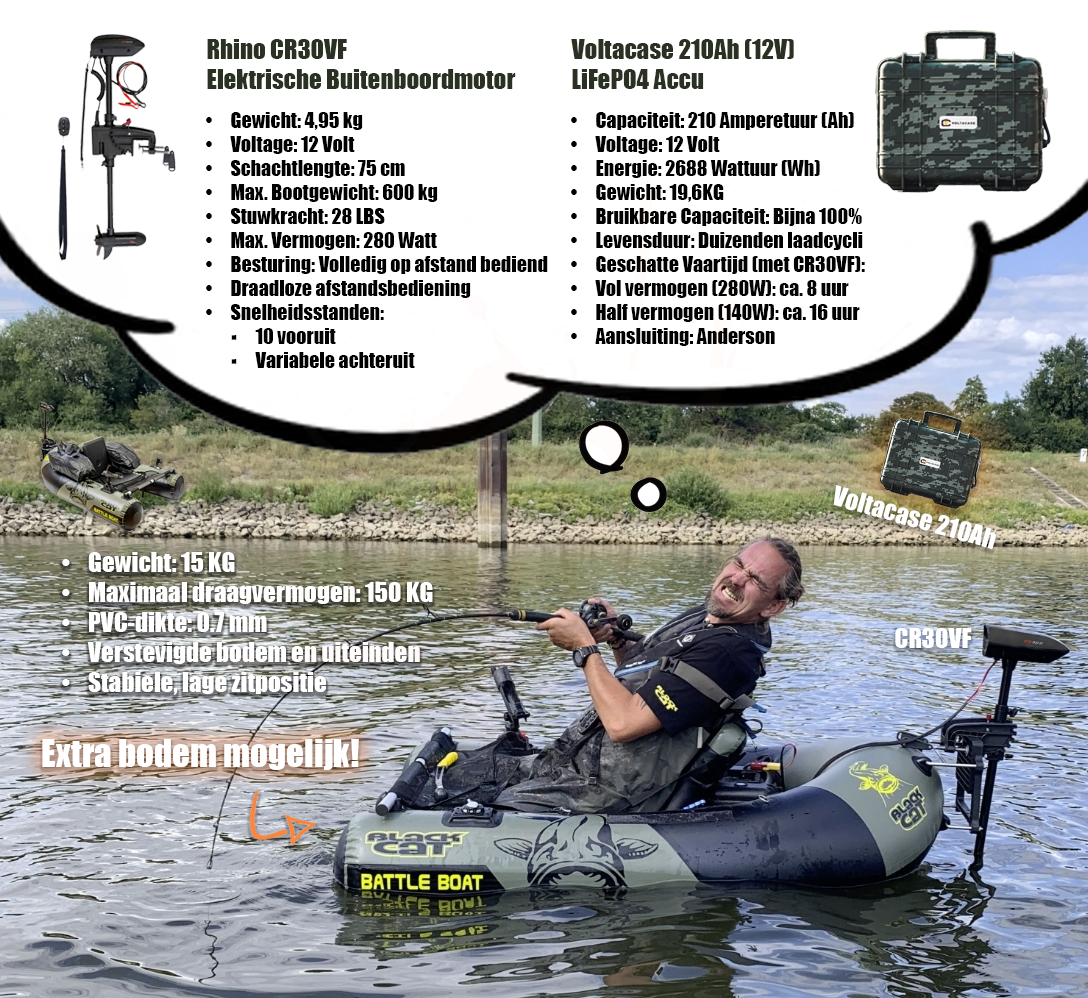Black Cat Battle Boat Set + Rhino CR30VF Motor + Voltacase 210Ah Outdoorcase (Camo)